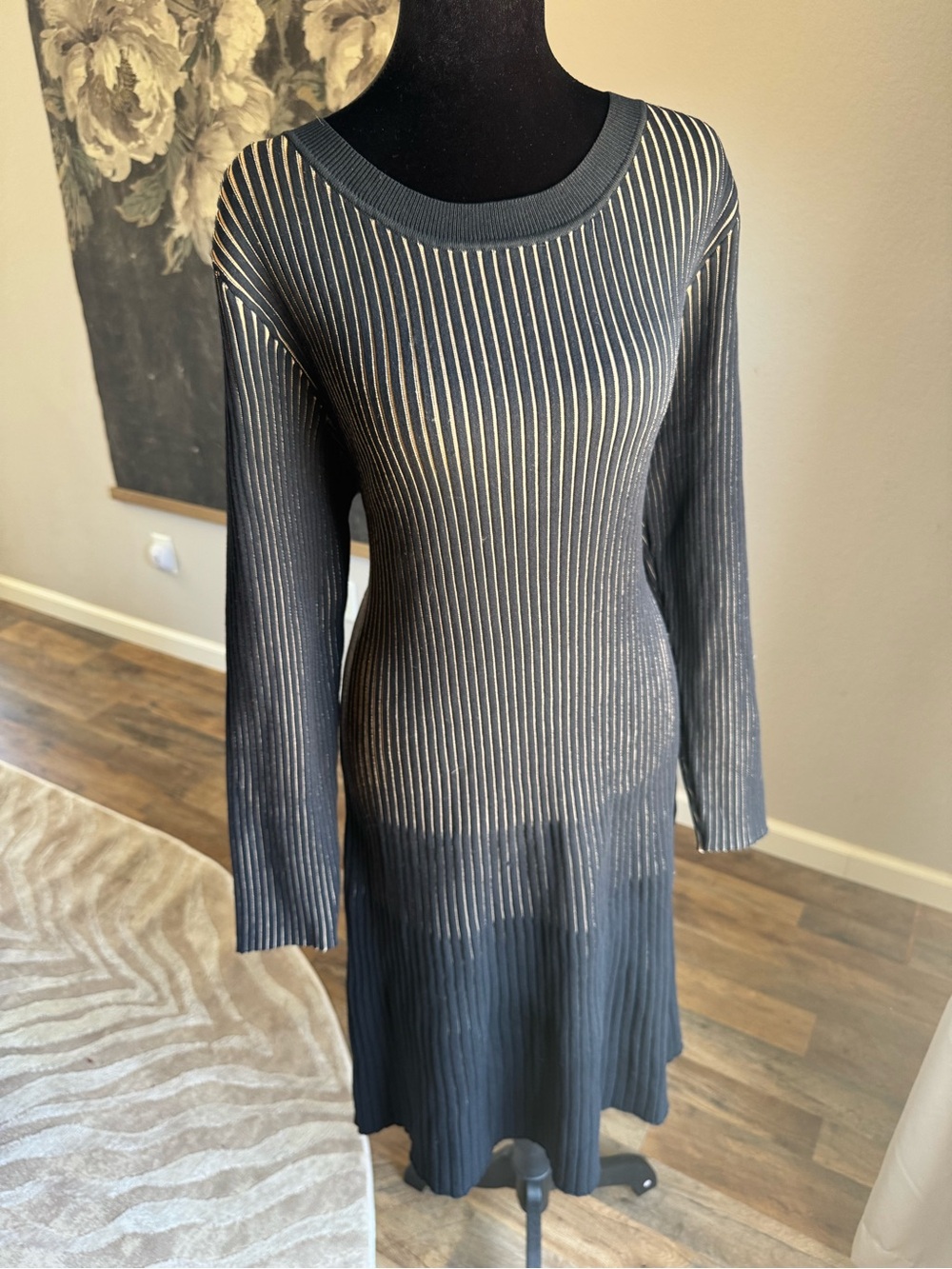 Nanette Lepore Black and White Ribbed Long Sleeve Dress